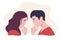 Female and male face looking each other and thinking vector flat illustration