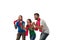 Female and male soccer fans cheering for favourite sport team with bright emotions isolated on white studio background