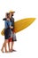 Female and a male surfer with a surfboard