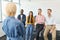 Female manager leading business meeting in office