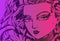 Female manga character on magenta violet gradient background.
