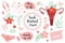 Female menstruation period set. Collection of stickers icons of the female reproductive system, pads, tampons, queen of