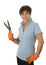 Female middle age woman gardener grass clippers