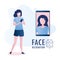 Female with mobile phone, face on big smartphone screen,Face id concept background