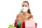 Female model carrying bags wearing medical or surgical mask