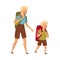 Female Mom with Her Little Son Carrying Backpacks Hiking or Trekking Vector Illustration