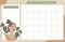 Female monthly planner template. Timetable grid with illustration of woman. Girls month calendar schedule vector design