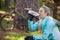 Female mountain biker drinking water