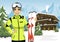 Female mountain skier standing in front of chalet in winter ski resort