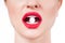 Female mouth with red lips and medicine pill