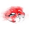 Female mouth with red lips and nails. Woman fingers on lip. Graphics and watercolor.