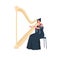 Female musician in dress playing harp, sitting on chair. Harpist performing classic melody on music string instrument