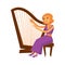 Female musician in dress sitting and playing harp instrument