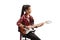 Female musician sitting and playing electric guitar