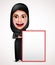 Female muslim arab holding and presenting an empty white board