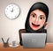 Female muslim arab vector character happy working in office desk with laptop