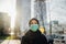 Female Muslim with protective surgical mask.Hijab woman wearing mask in the city.Coronavirus COVID-19 pandemic lifestyle in