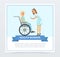 Female nurse giving injection to elderly woman in wheelchair, health worker banner flat vector element for website or