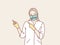 female nurse in a rubber gloves and masker points to the side with his hands simple korean style illustration