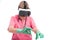 Female nurse wearing virtual reality goggles and working