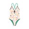 Female one-piece swimsuit. Modern swimwear with bright multicolor geometric pattern. Women swimming clothes with crossed