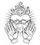 Female open hands around sacred heart of Jesus. Hope faith and help, assistance and support symbol. Black and white