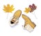 Female orange fashion shoes boots with autumn leaves on white background top view flat lay. Fashion Lady Footwear Set Trendy Autum