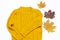 Female orange knitted sweater and autumn leaves on white background top view flat lay. Fashion Lady Clothes Set Trendy Cozy Knit J