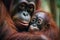 a female orangutan tenderly and carefully hugs her little cub generative ai