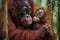 a female orangutan tenderly and carefully hugs her little cub generative ai