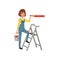 Female painter in uniform with paintbrush in hand standing on step ladder, house renovation concept vector Illustration