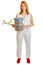 Female paintor smiling and holding paint buckets