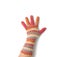 Female palm in knitted multi-colored mittens on a white background