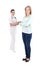 Female patient and doctor with folder isolated over white