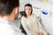 Female patient talking to dentist at dental clinic