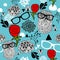 Female pattern with owls in glasses and beautiful red roses.