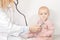 Female pediatrician exam baby girl patient, hold a stethoscope, check heart and lungs of little child. Woman doctor