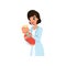 Female pediatrician or nurse in white coat feeding baby from a bottle, healthcare for children vector Illustration on a