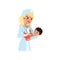 Female pediatrician in white coat doing medical examination of infant kid with stethoscope, healthcare for children