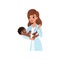 Female pediatrician in white coat holding little baby in hands, healthcare for children vector Illustration on a white