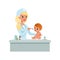 Female pediatrician in white coat taking spoon of syrup medicine to infant baby, healthcare for children vector