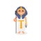 Female pharaoh with scepter and ankh cross in hands. Smiling woman in traditional Egyptian costume. Ruler of ancient