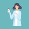 Female Pharmacist Doctor Holding Medicine Bottle, Professional Medical Worker Character in White Lab Coat Vector