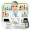 Female pharmacist giving pills in blister pack standing in a drugstore in front of medications on showcase