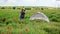 Female photographer on flower field near travel tent