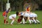 Female players involved in a rugby scrum