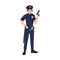 Female police officer wearing uniform, cap and sunglasses and holding gun. Woman cop or policewoman. Cartoon character