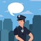 female policeman speech bubble city street