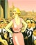 female politic short hairstyle, blond thin energetic, president, art deco , pitch speak shout crowd