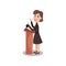 Female politician character standing behind rostrum and giving a speech, public speaker, political debates vector